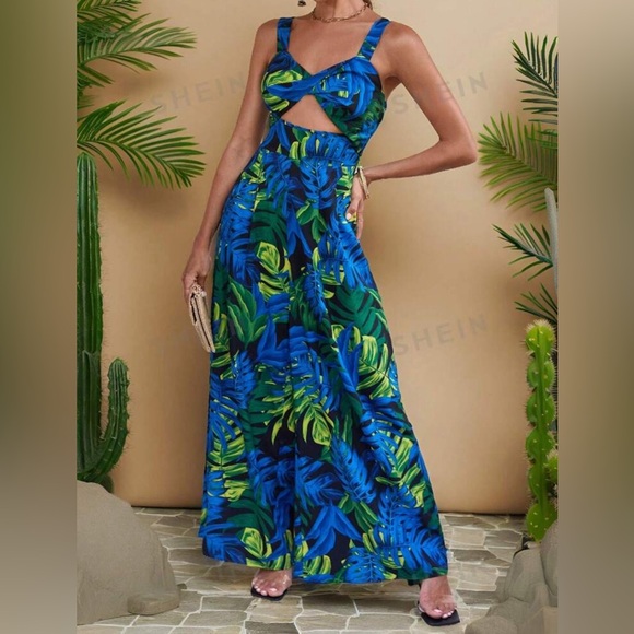 SHEIN VCAY Vacation Style Botanical Printed Spaghetti Strap Jumpsuit - Picture 6 of 7